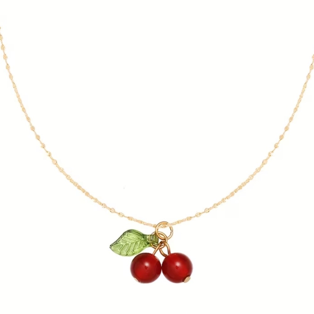 NEW! French red cherry Pendant Necklace with Red Enamel Accents